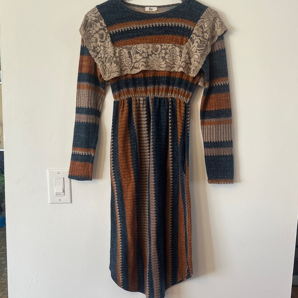 Striped Midi Dress with Lace Detail